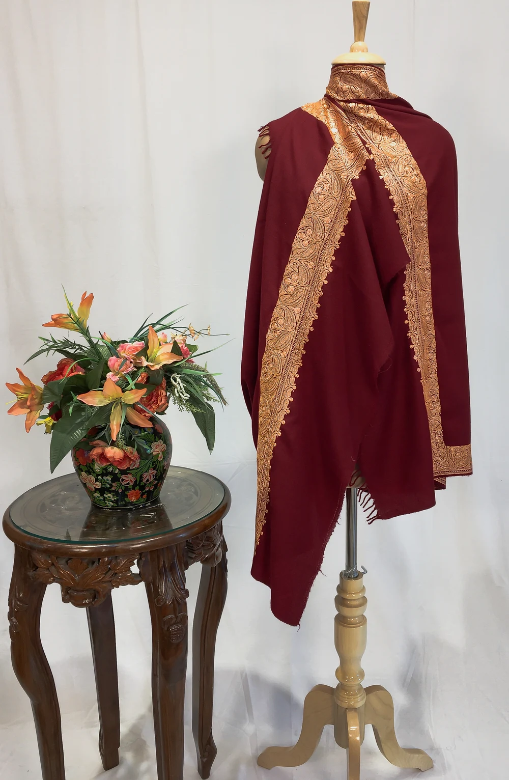 Ruby Maroon Pure Pashmina Shawl With Tilla Hand Embroidery