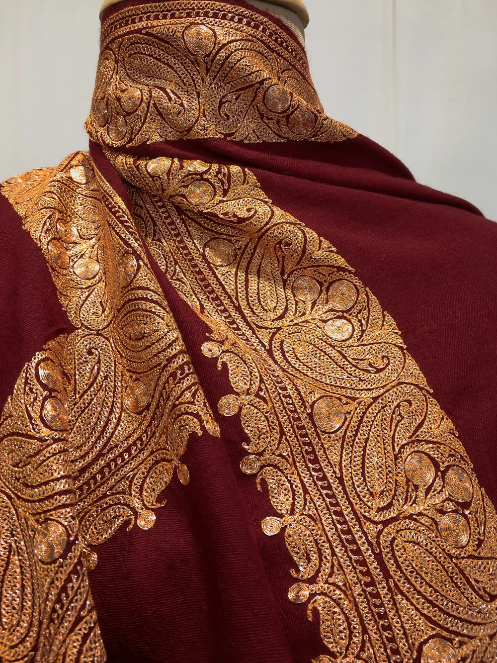 Ruby Maroon Pure Pashmina Shawl With Tilla Hand Embroidery Front