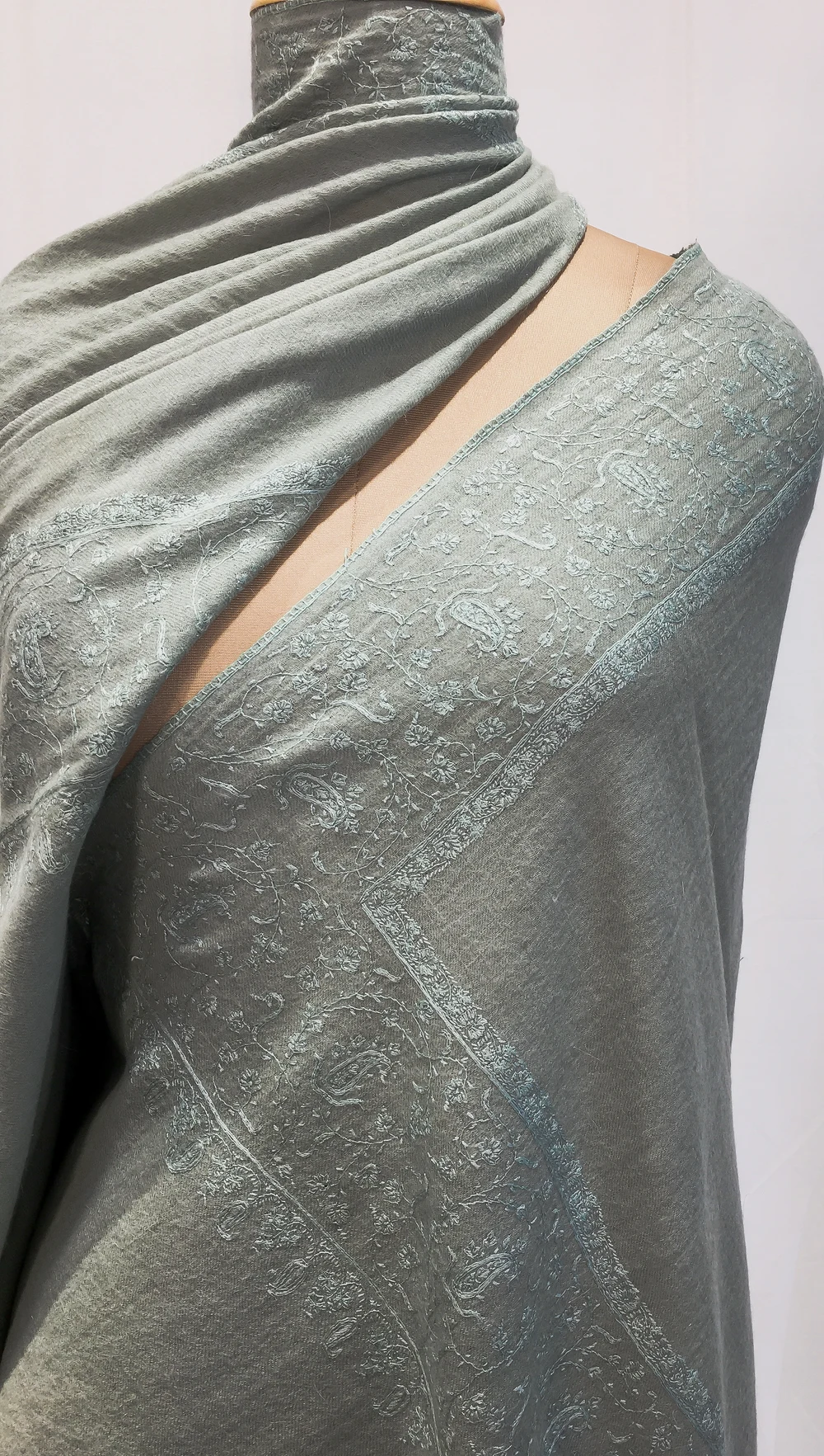 Sage Green Pure Pashmina Shawl With Thread Hand Embroidery Front