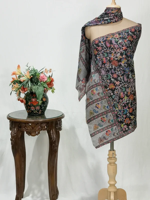 Black Floral Wool Kalamkari Scarf