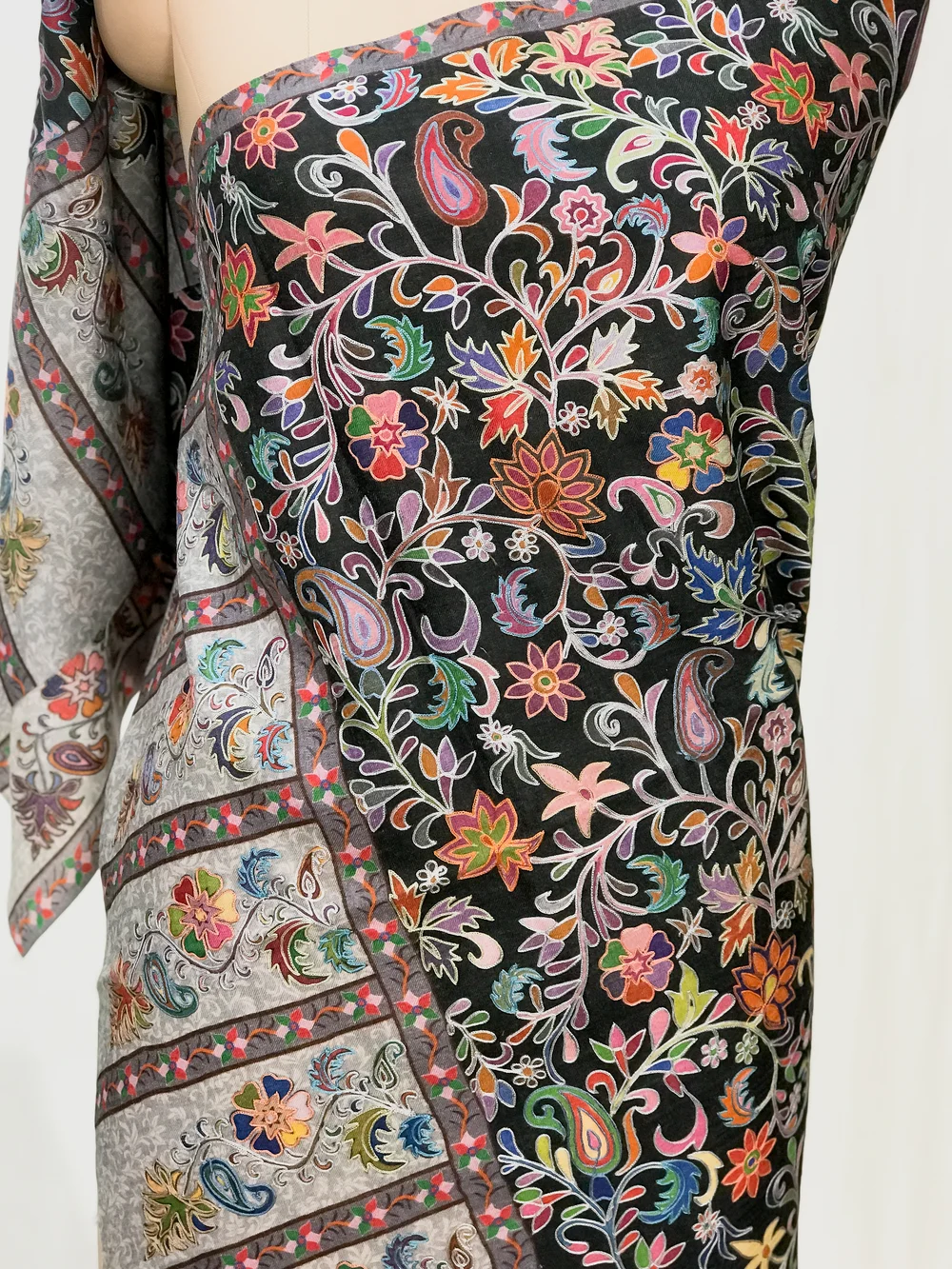 Black Floral Wool Kalamkari Scarf front Black Floral Wool Kalamkari Scarf front