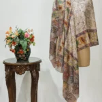 Beige Fine Wool Kalamkari Stole with Pastel Multi-Colour Embroidery