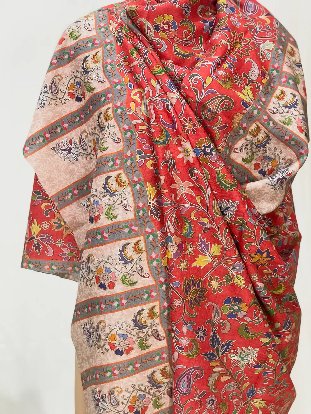 Rosa Corsa Red Floral Wool Kalamkari Scarf front Rosa Corsa Red Floral Wool Kalamkari Scarf front