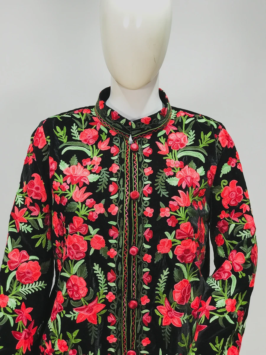 Black Short Jacket with Rich Floral Embroidery close up Black Short Jacket with Rich Floral Embroidery close up