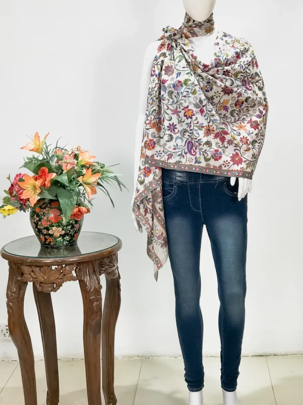 White Floral Wool Kalamkari Scarf