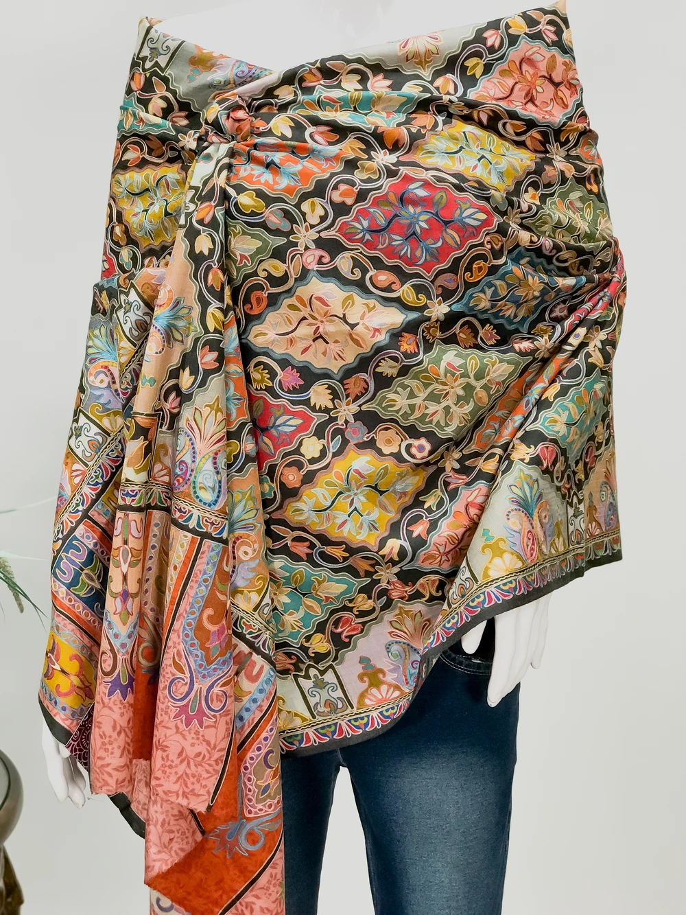 Primitive Multi-Colour Embroidered Wool Kalamkari Scarf Front Primitive Multi-Colour Embroidered Wool Kalamkari Scarf Front