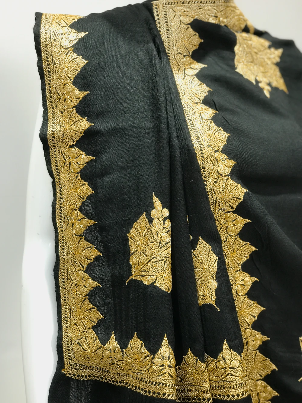 Black Pure Wool Stole with Tilla Hand Work Front