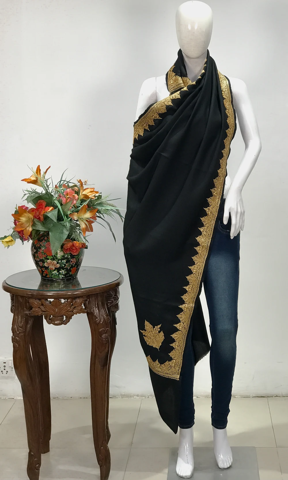 Black Pure Wool Stole with Tilla Hand Work