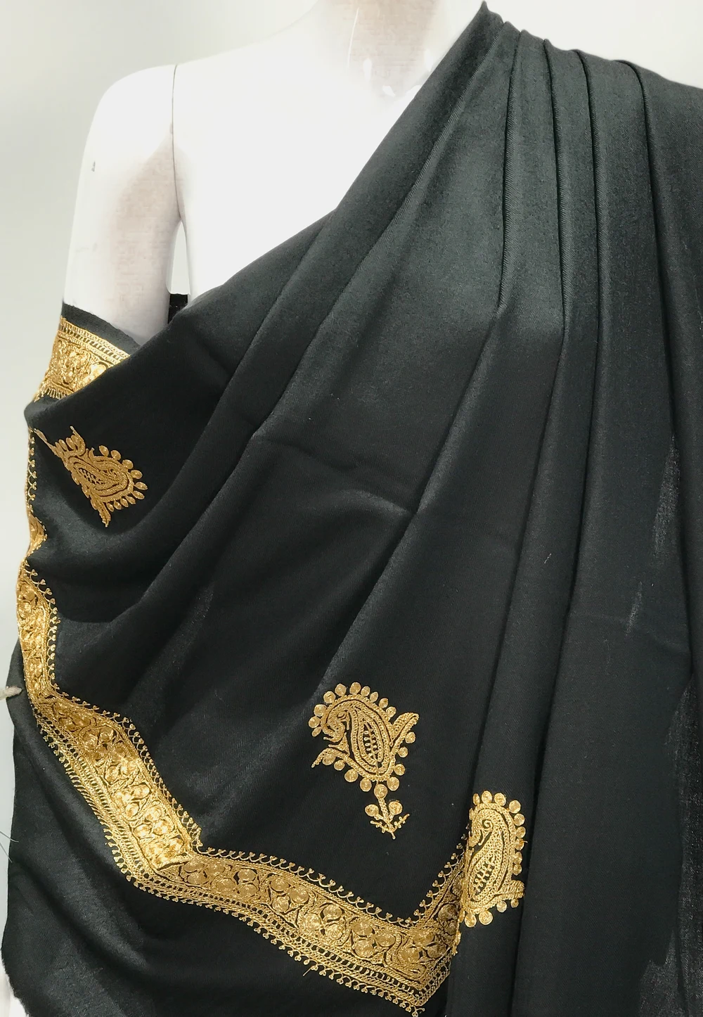 Black Pure Wool Stole with Paisley Hand Tilla Work Front