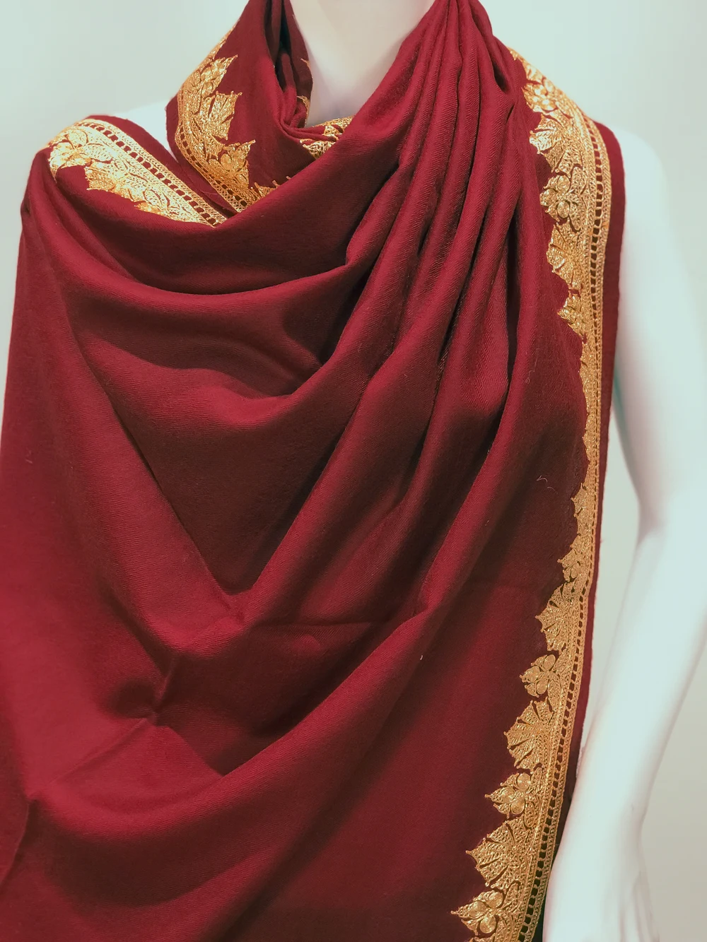 Red Pure Wool Stole with Hand Tilla Embroidery Front Red Pure Wool Stole with Hand Tilla Embroidery Front