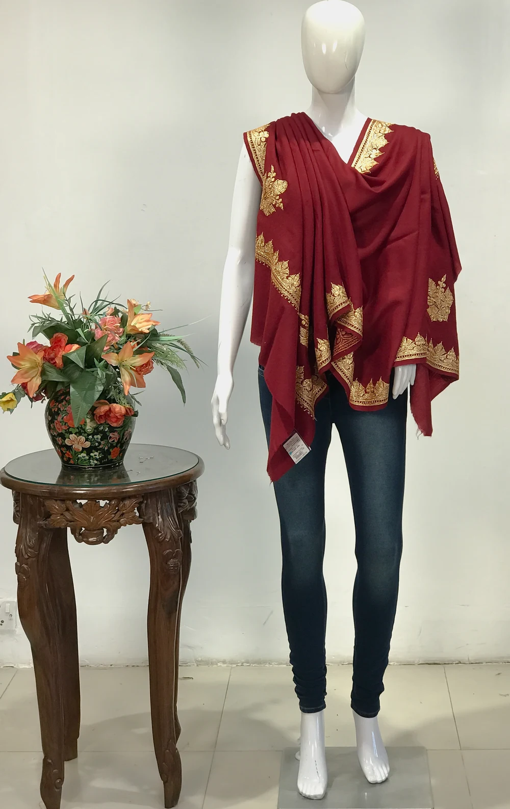 Red Pure Wool Stole with Hand Tilla Embroidery Red Pure Wool Stole with Hand Tilla Embroidery