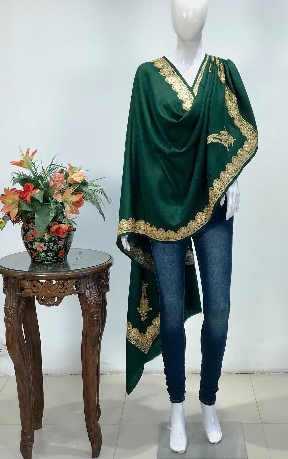 Green Pure Wool Stole with Hand Tilla Embroidery Green Pure Wool Stole with Hand Tilla Embroidery
