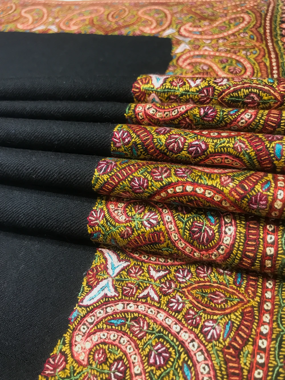 Black Pure Pashmina Shawl With Sozni Hand Embroidery Front Black Pure Pashmina Shawl With Sozni Hand Embroidery Front