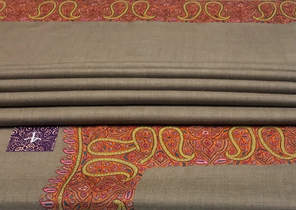 Oat Beige Pure Pashmina Shawl With Sozni Hand Embroidery Front