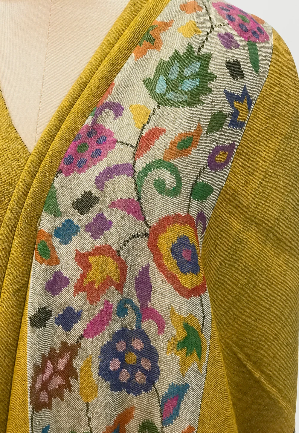 Canary Yellow And Cedar Brown Pure Pashmina Reversible Shawl With Kani Hand Woven Palla Front