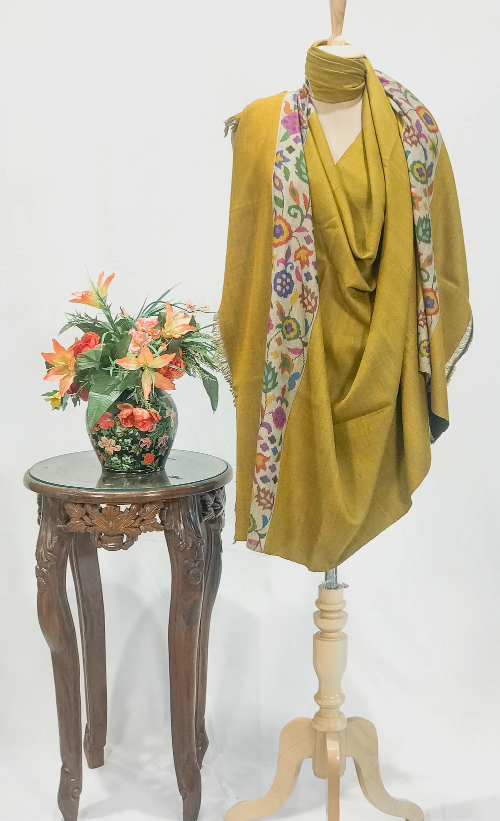 Canary Yellow And Cedar Brown Pure Pashmina Reversible Shawl With Kani Hand Woven Palla
