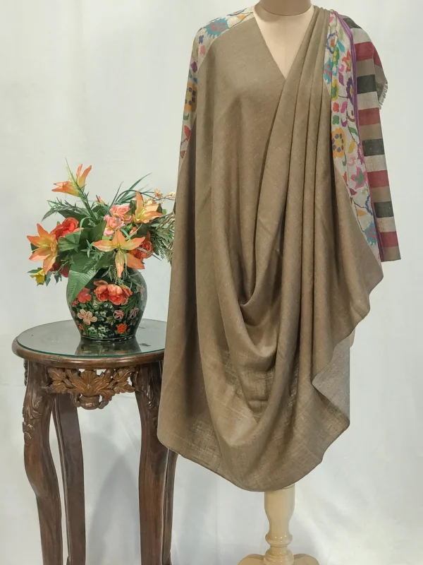 Tan Brown And Light Brown Pure Pashmina Reversible Shawl With Kani Hand Woven Palla