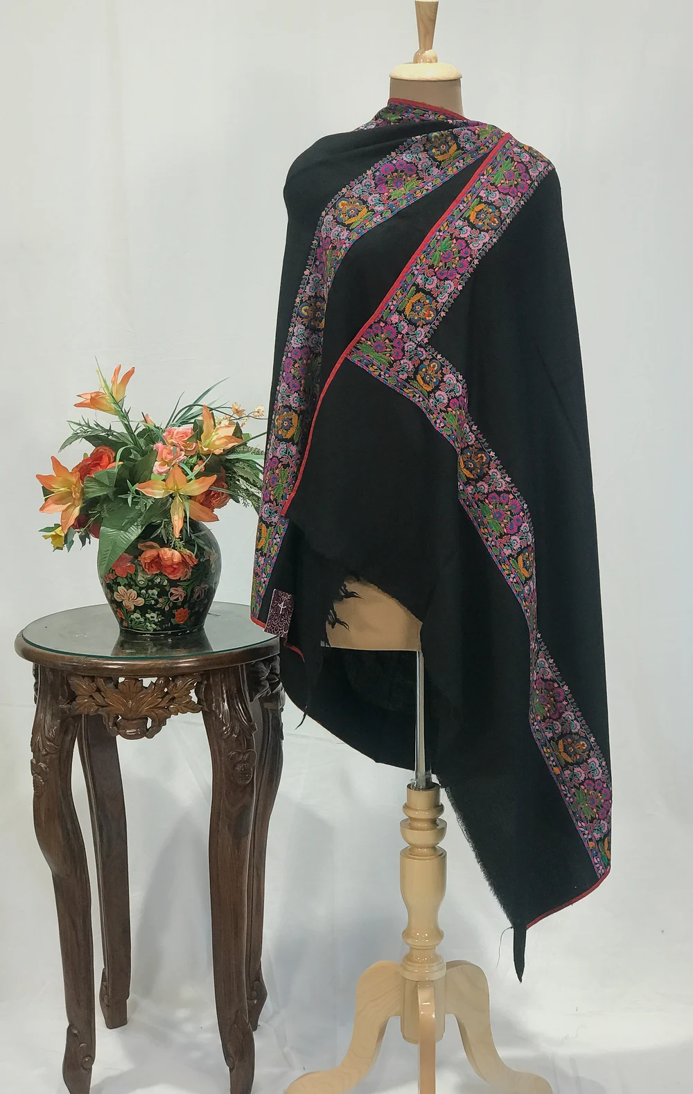 Black Pure Pashmina Shawl With Papier Mache Hand Embroidery Pasted Palla