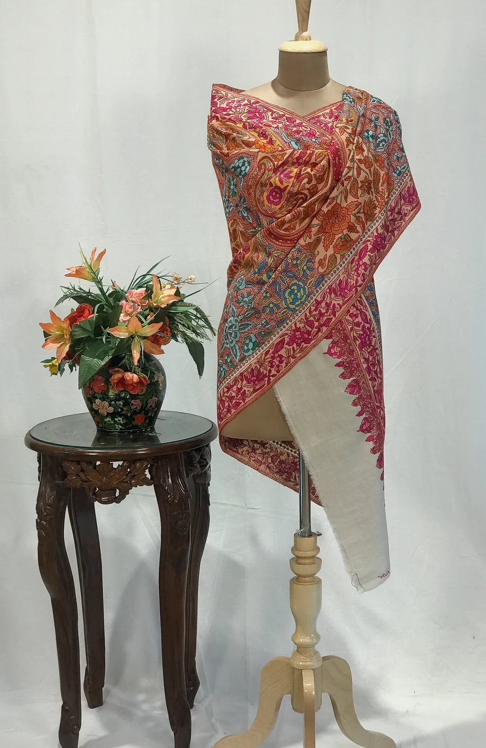 Off-White Pure Pashmina Shawl With Papier Mache Hand Embroidery