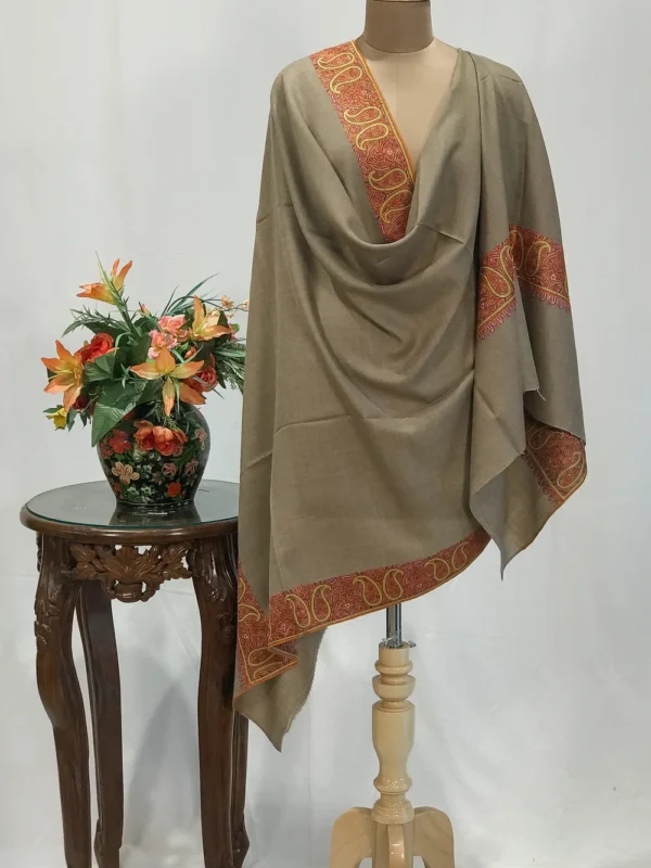 Oat Beige Pure Pashmina Shawl With Sozni Hand Embroidery