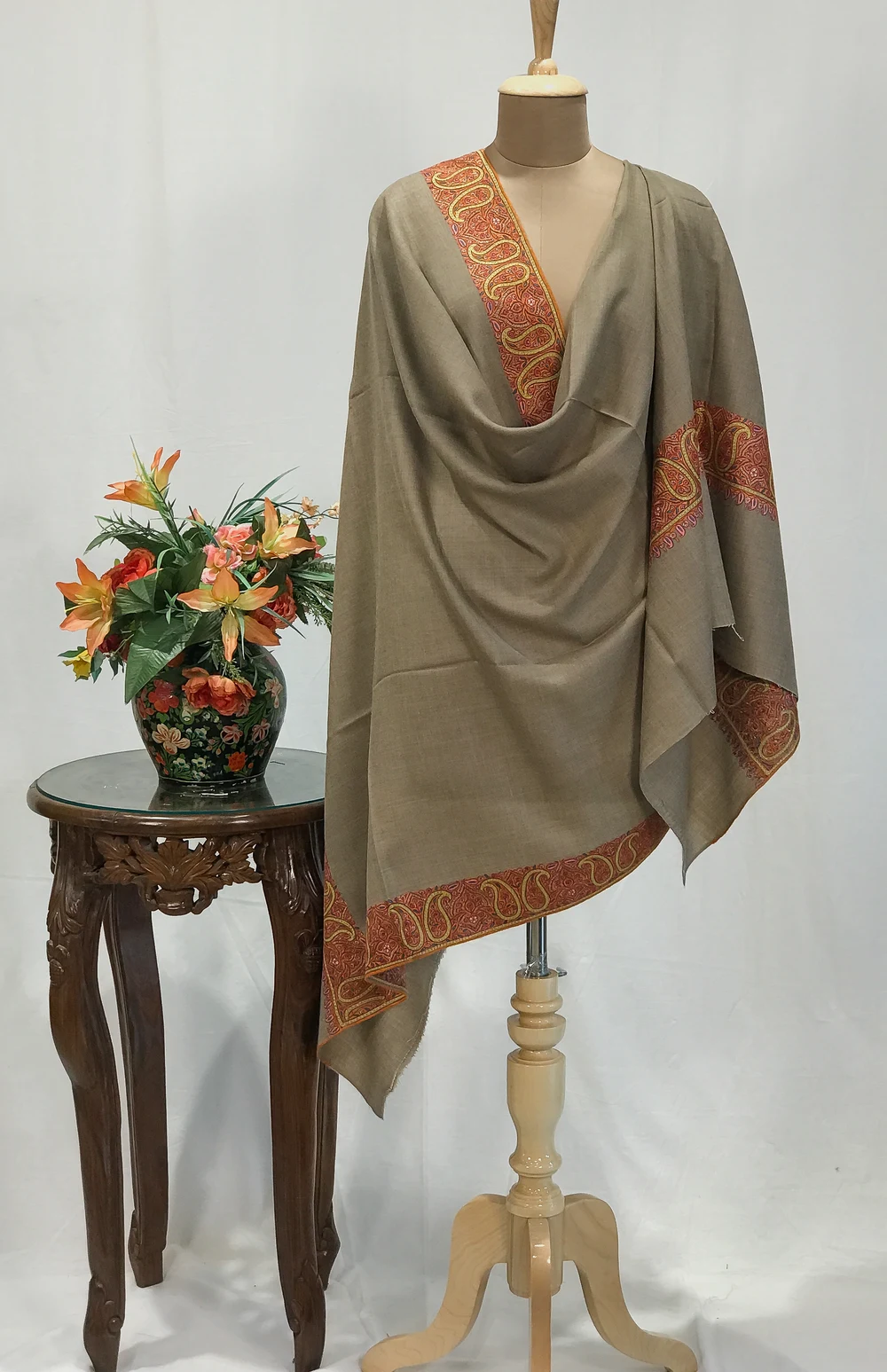 Oat Beige Pure Pashmina Shawl With Sozni Hand Embroidery