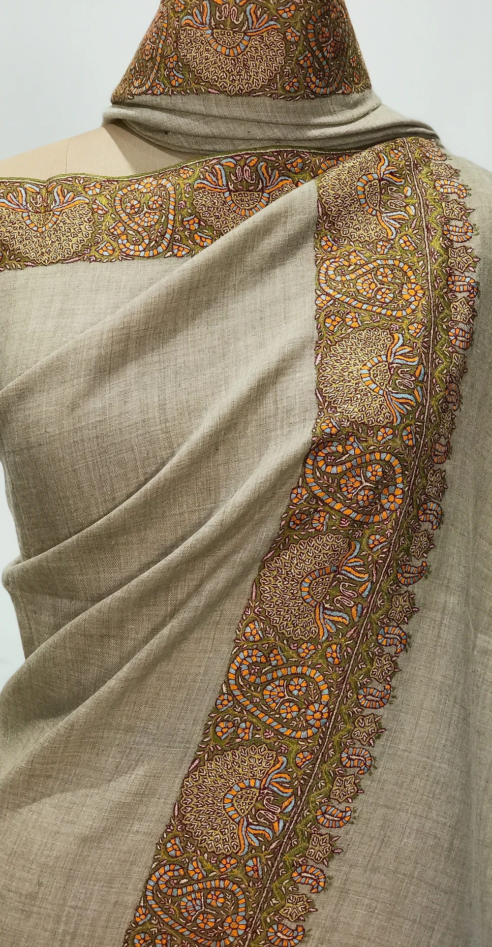 Tortilla Brown Pure Pashmina Shawl With Sozni Hand Embroidery Front