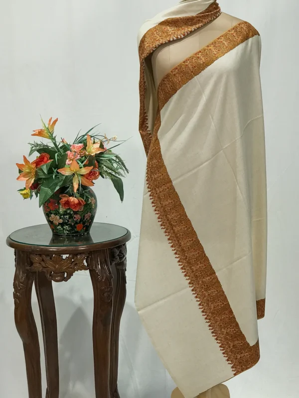 Cream Pure Pashmina Shawl With Sozni Hand Embroidery
