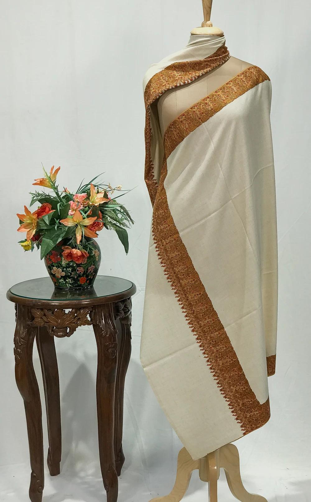 Cream Pure Pashmina Shawl With Sozni Hand Embroidery Cream Pure Pashmina Shawl With Sozni Hand Embroidery