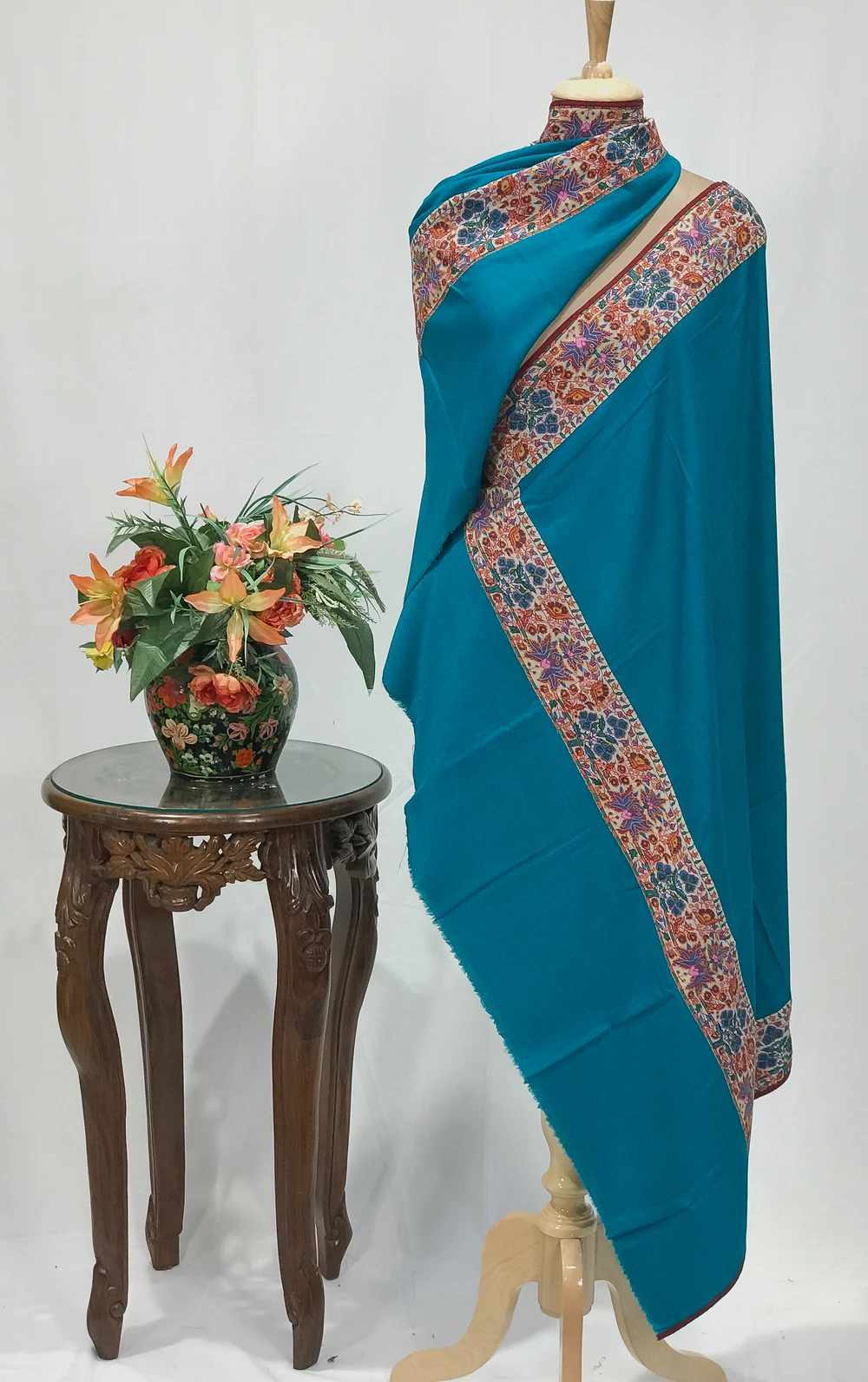 Turquoise Blue Pure Pashmina Shawl With Papier Mache Hand Embroidery Pasted Border
