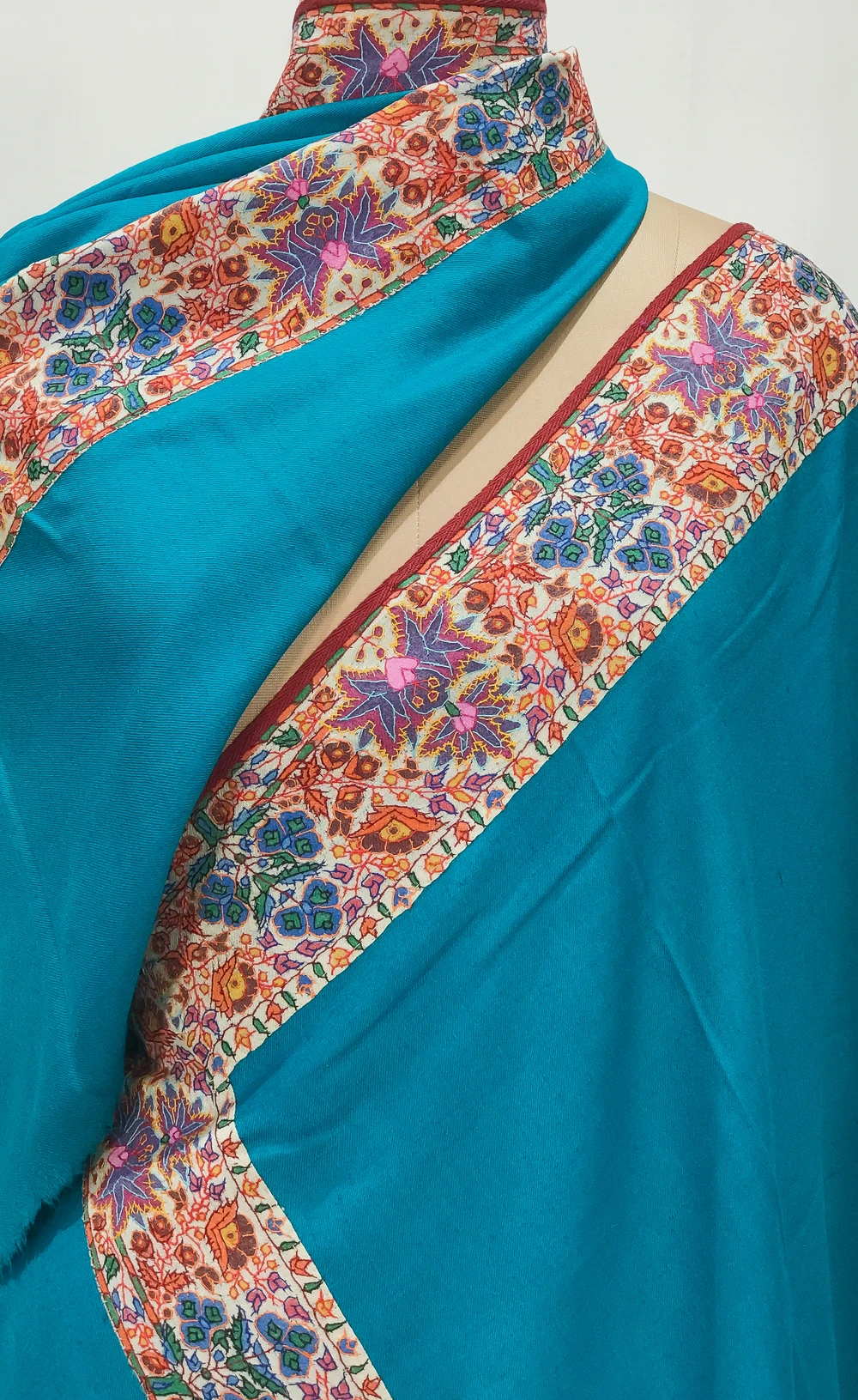 Turquoise Blue Pure Pashmina Shawl With Papier Mache Hand Embroidery Pasted Border Front