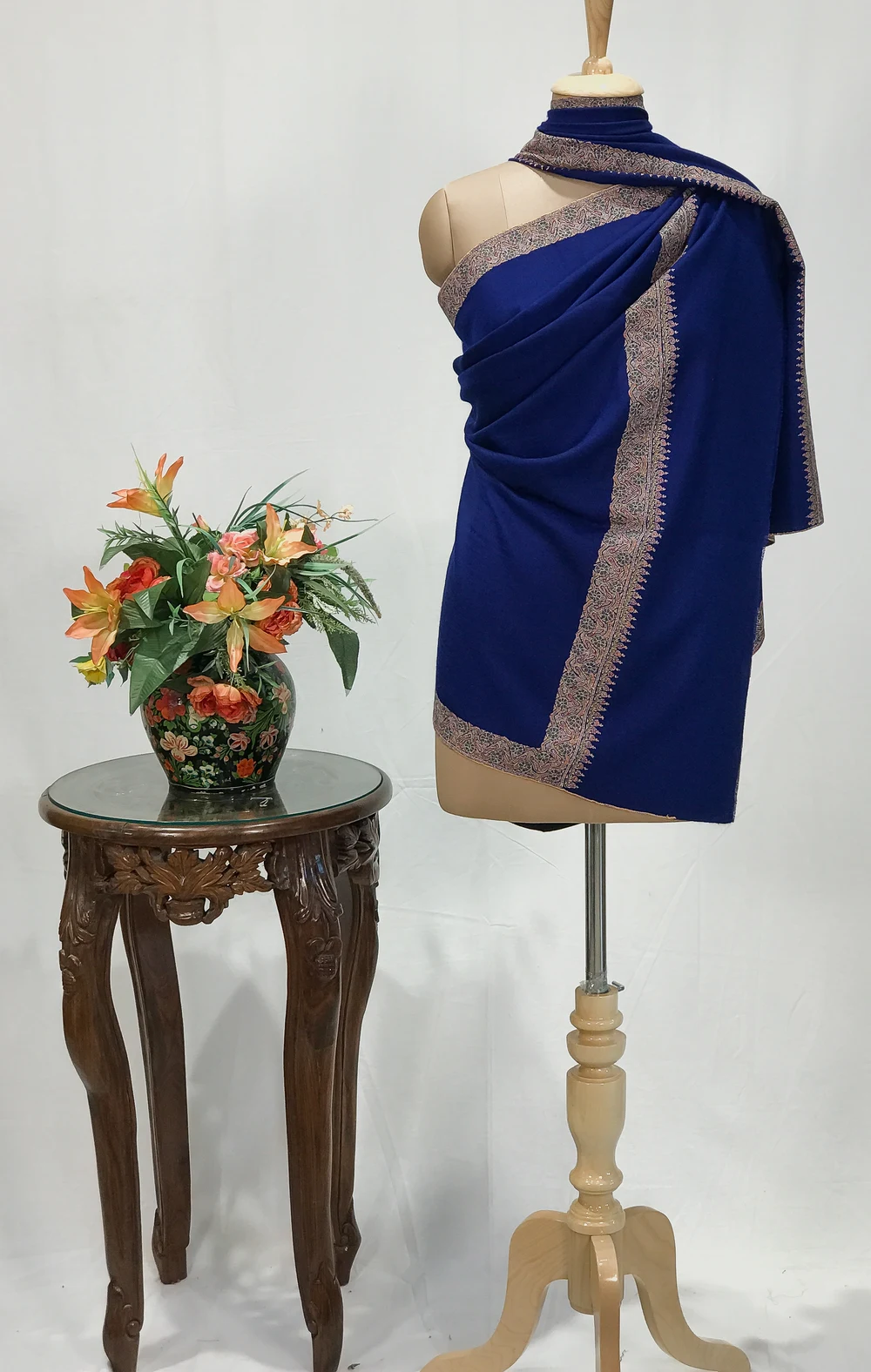 Navy Blue Pure Pashmina Shawl With Sozni Hand Embroidery