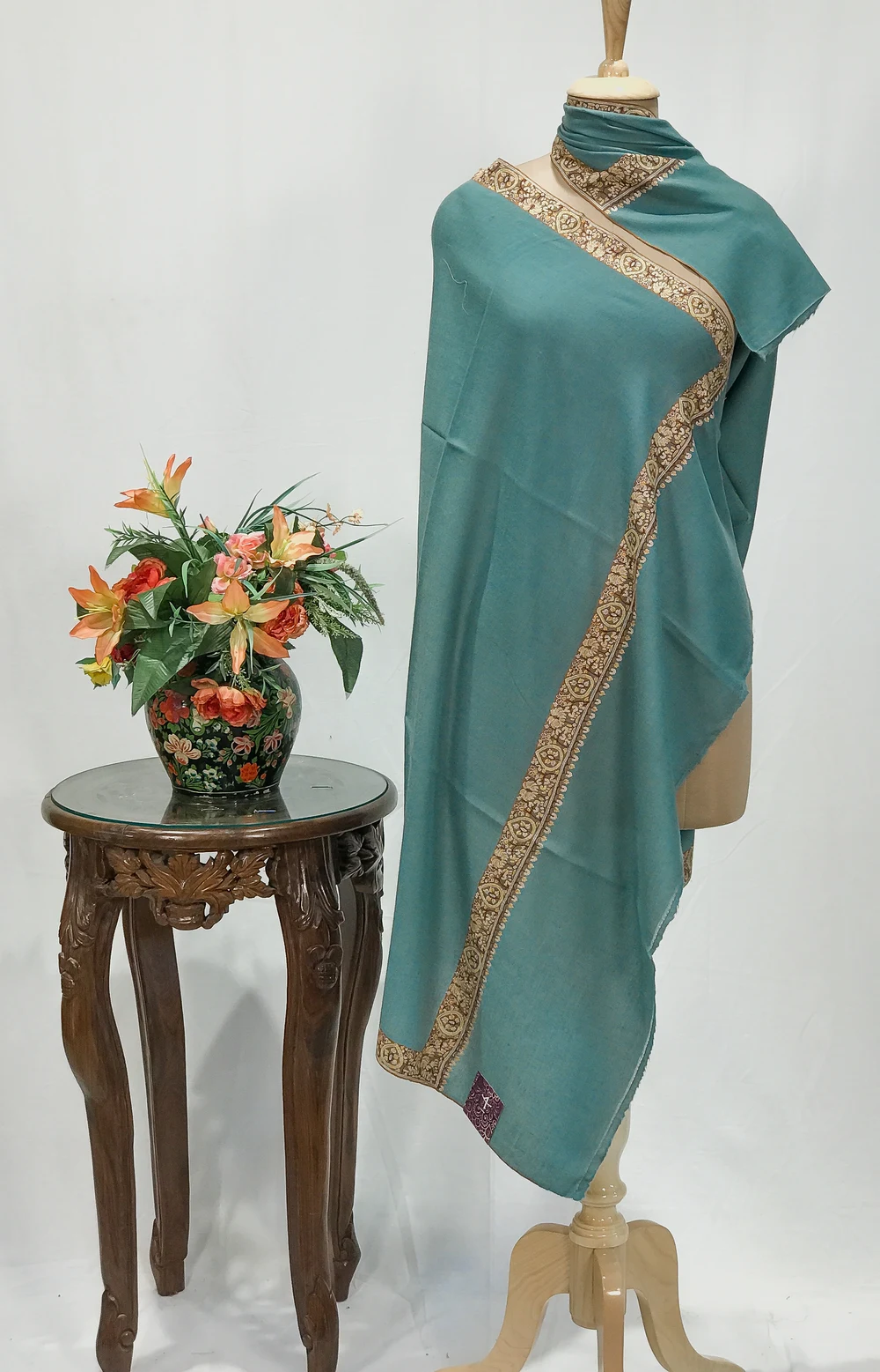 Fern Green Pure Pashmina Shawl With Sozni Hand Embroidery Fern Green Pure Pashmina Shawl With Sozni Hand Embroidery