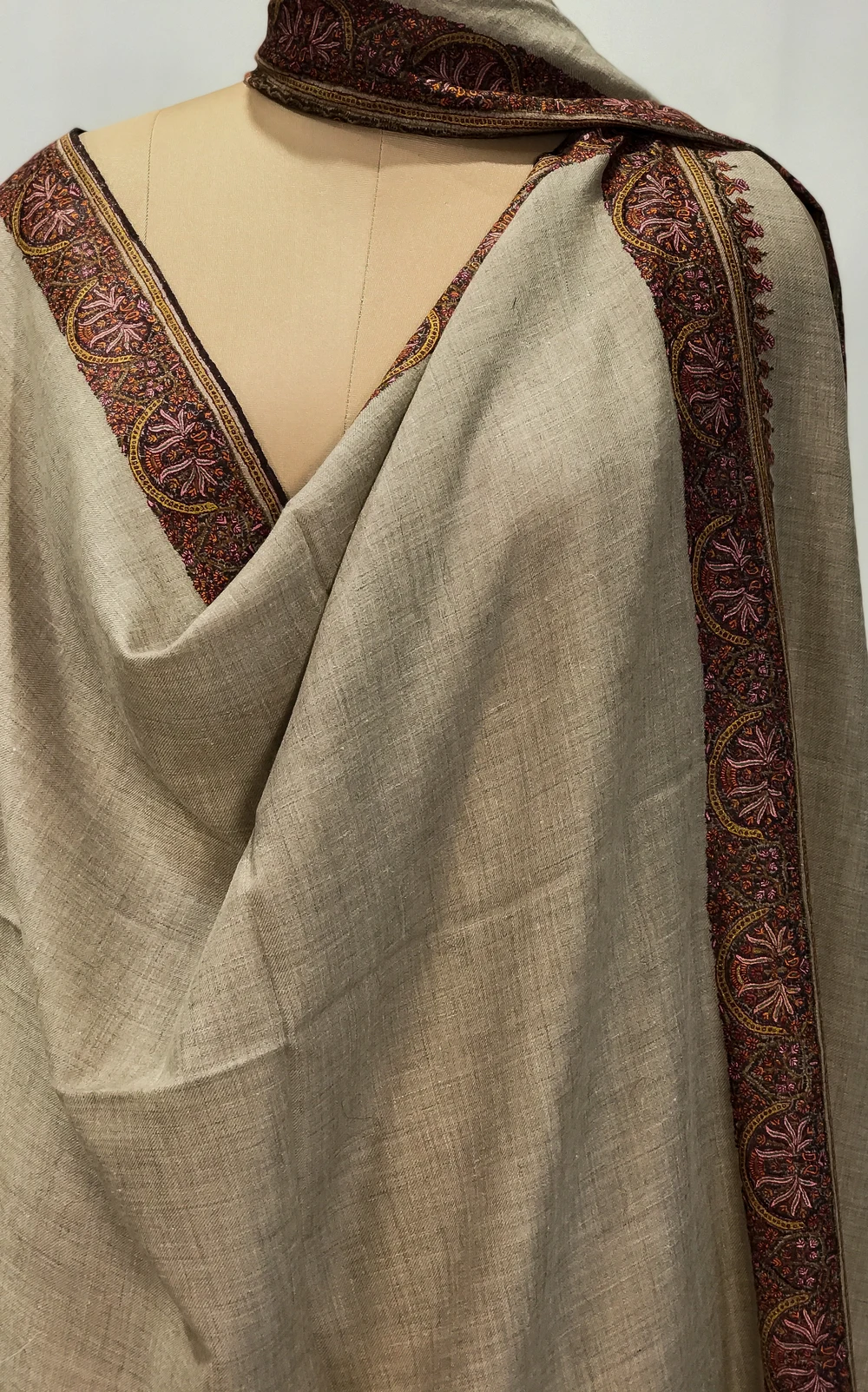 Tan Beige Pure Pashmina Shawl With Sozni Hand Embroidery Front Tan Beige Pure Pashmina Shawl With Sozni Hand Embroidery Front
