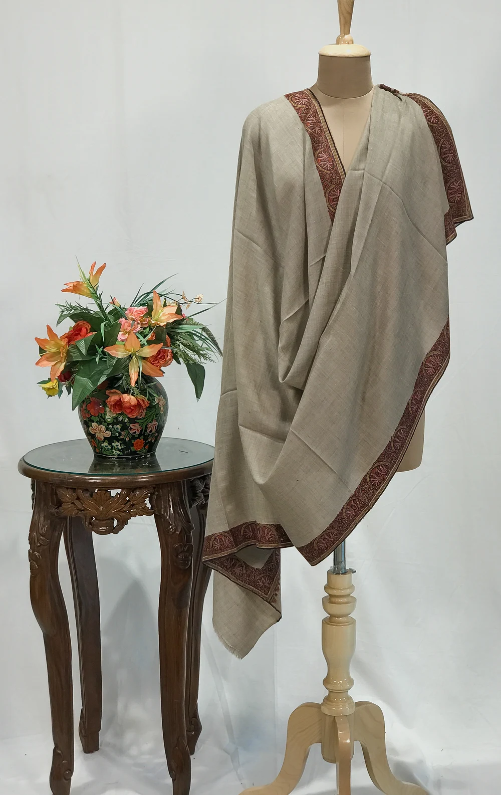 Tan Beige Pure Pashmina Shawl With Sozni Hand Embroidery Tan Beige Pure Pashmina Shawl With Sozni Hand Embroidery