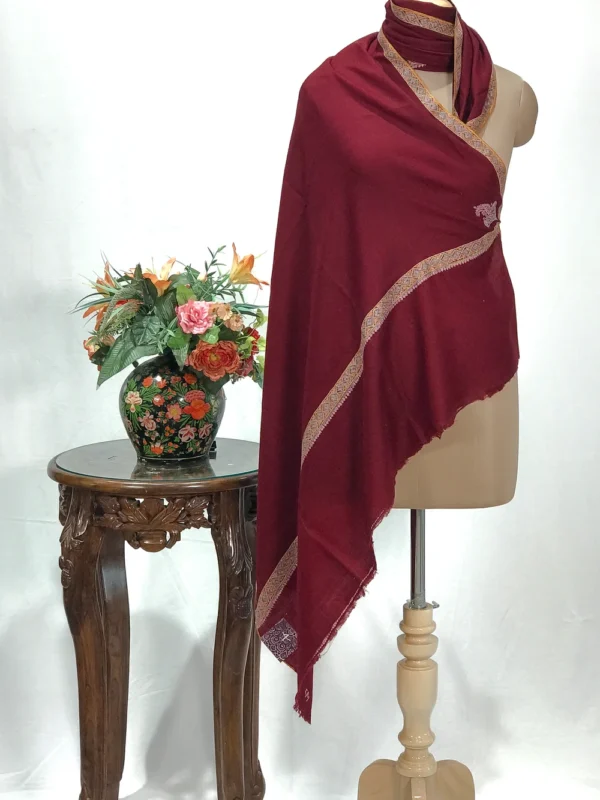 Garnet Maroon Pure Pashmina Shawl With Sozni Hand Embroidery