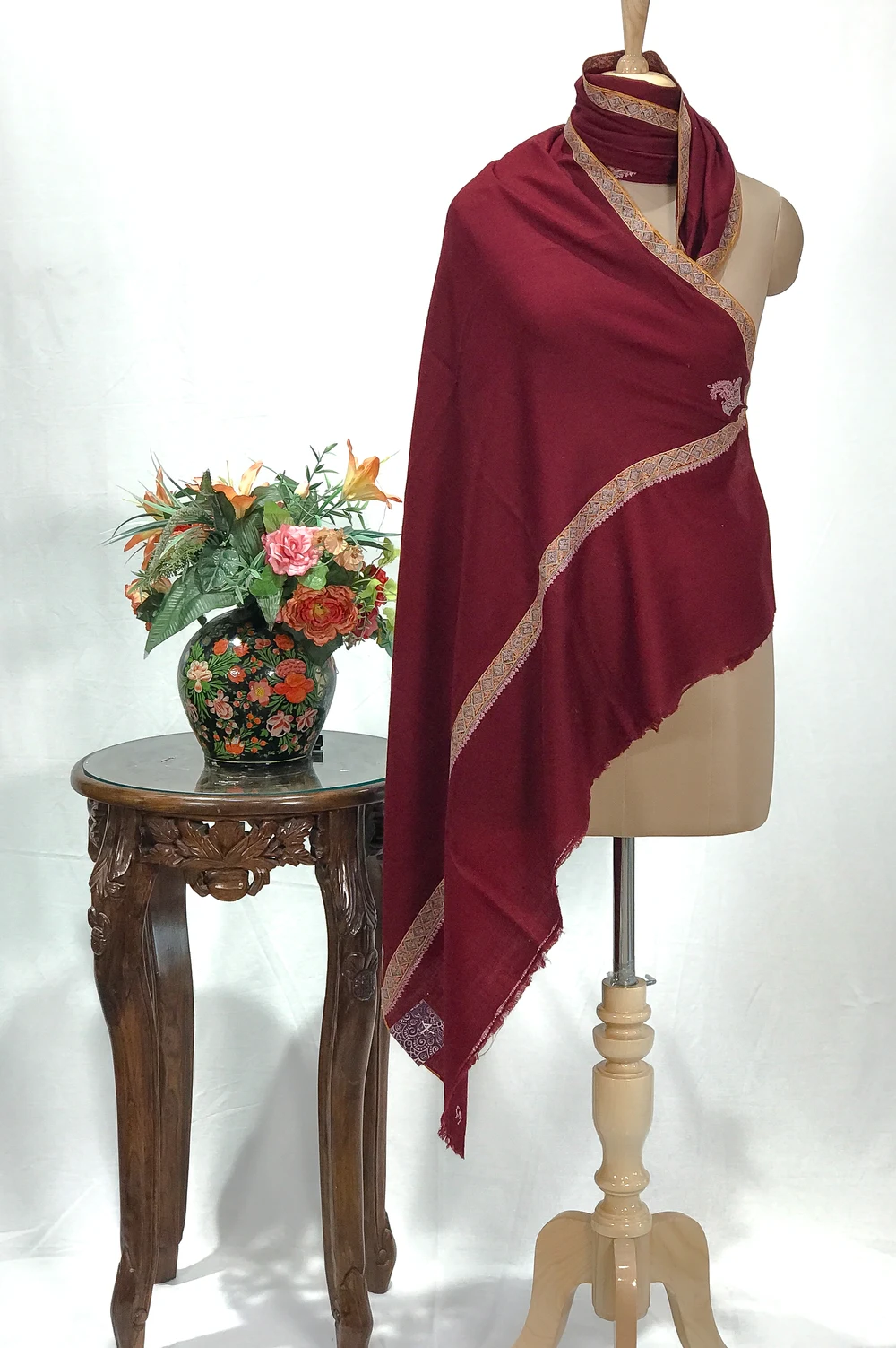Garnet Maroon Pure Pashmina Shawl With Sozni Hand Embroidery