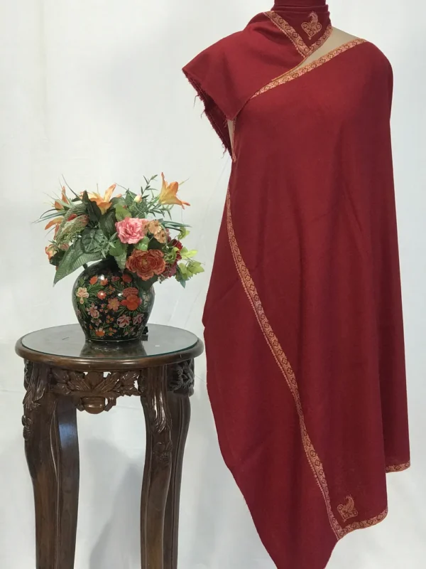 Carmine Maroon Pure Pashmina Shawl With Sozni Hand Embroidery