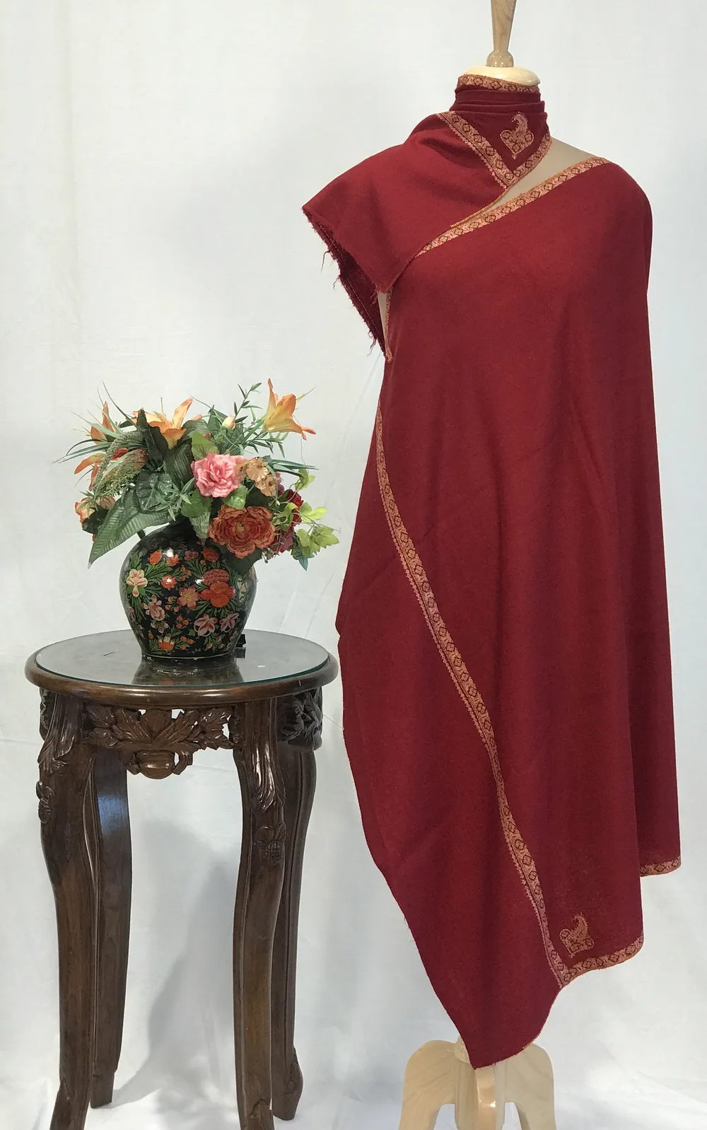 Carmine Maroon Pure Pashmina Shawl With Sozni Hand Embroidery