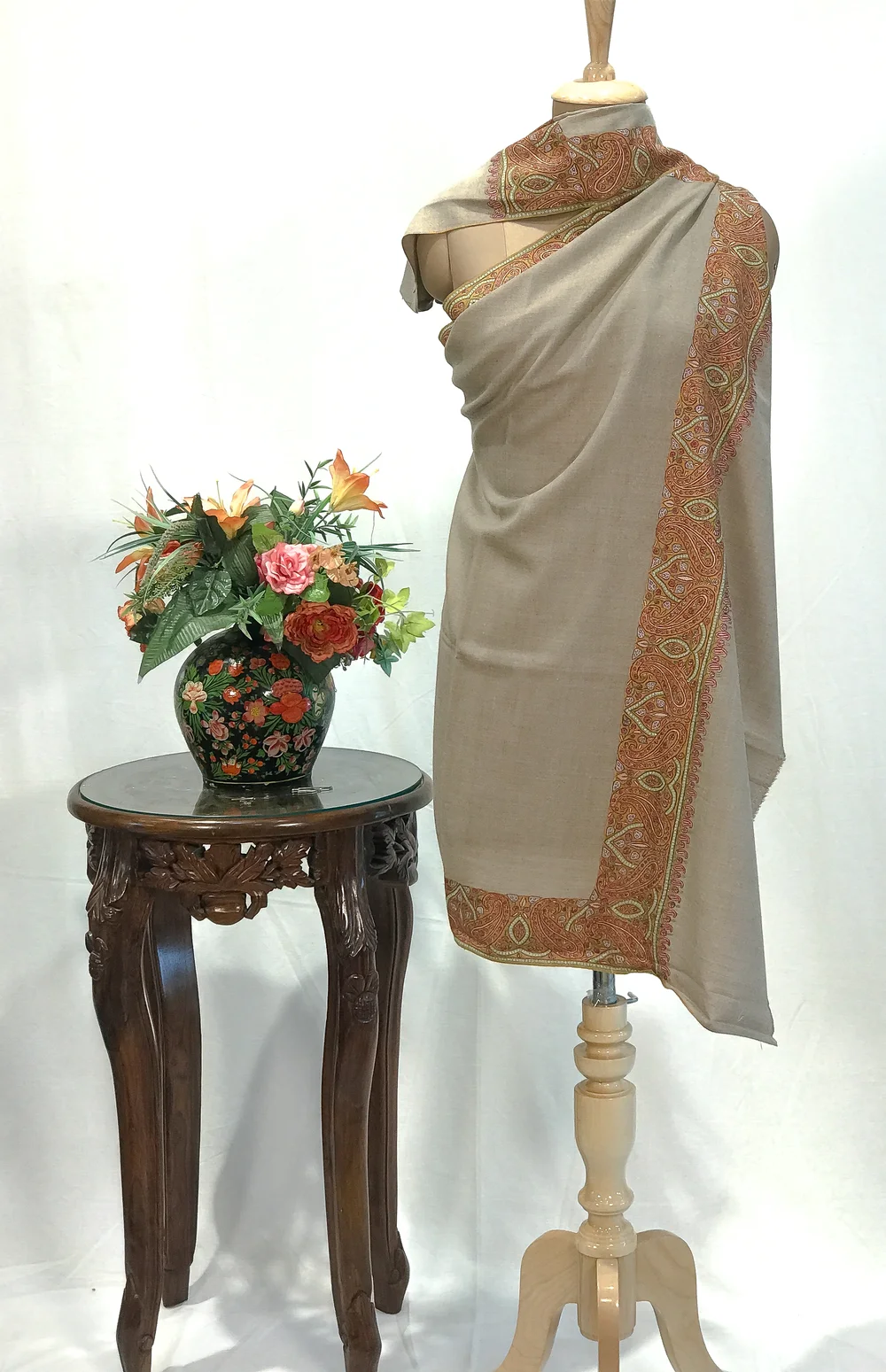 Wheat Beige Pure Pashmina Shawl With Sozni Hand Embroidery