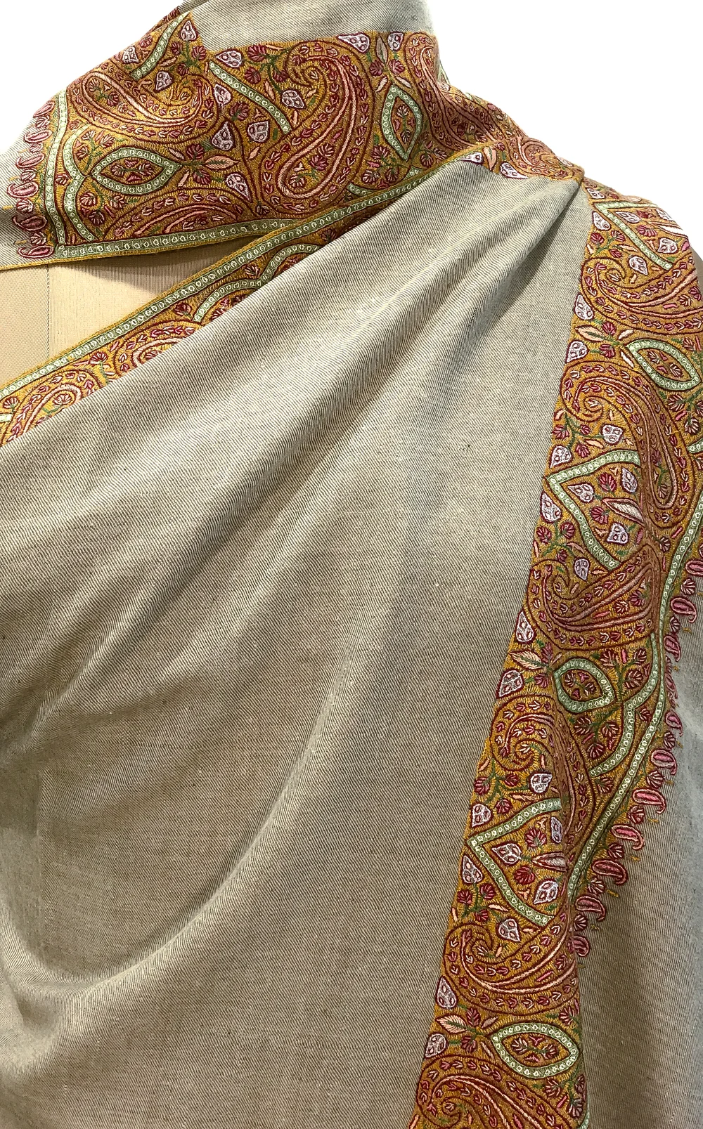 Wheat Beige Pure Pashmina Shawl With Sozni Hand Embroidery Front