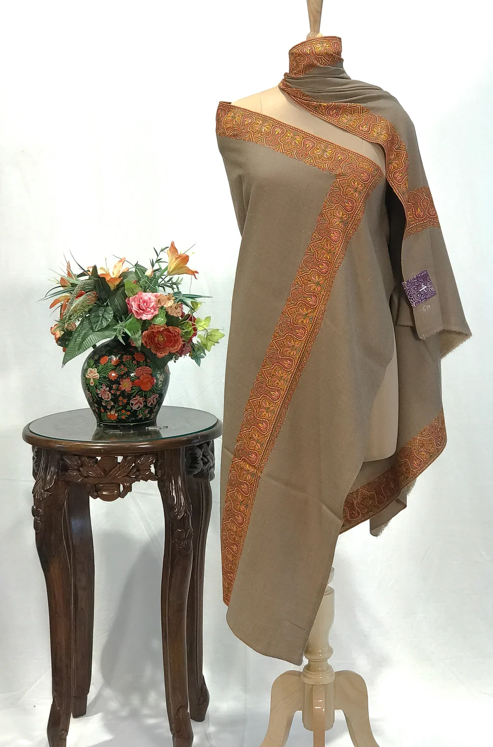 Camel Beige Pure Pashmina Shawl With Sozni Hand Embroidery