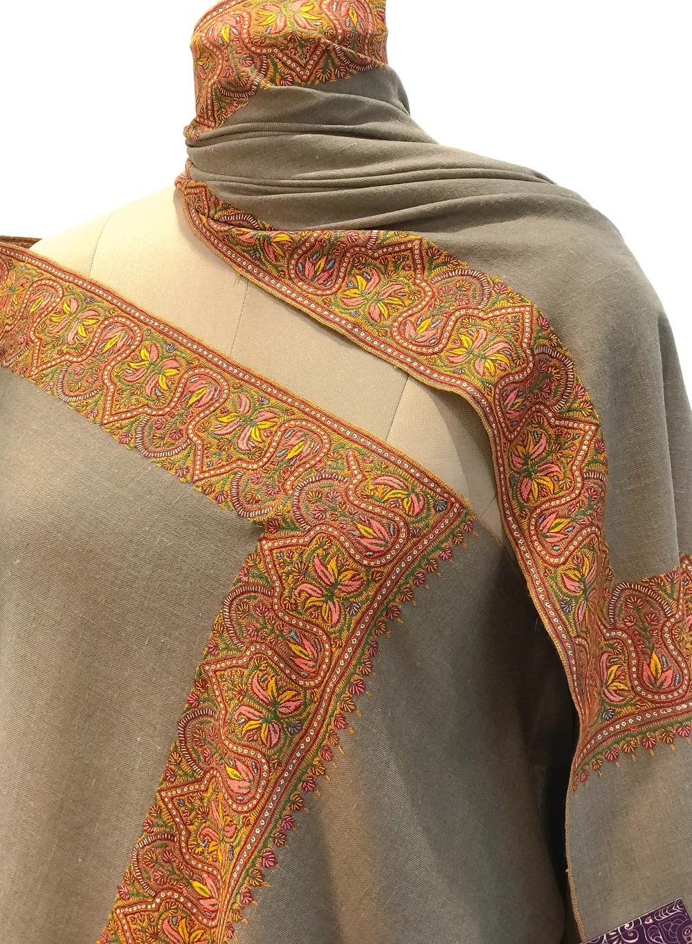 Camel Beige Pure Pashmina Shawl With Sozni Hand Embroidery Front