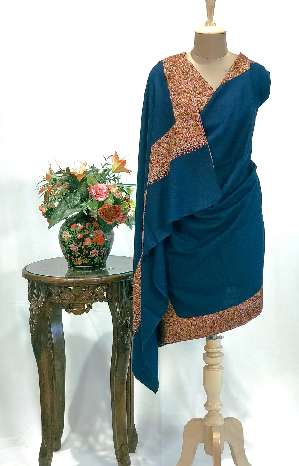 Aqua Blue Pure Pashmina Shawl With Sozni Hand Embroidery