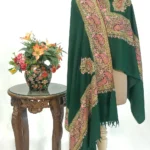Green Pure Pashmina Shawl With Papier Mache And Tilla Hand Embroidery Fusion