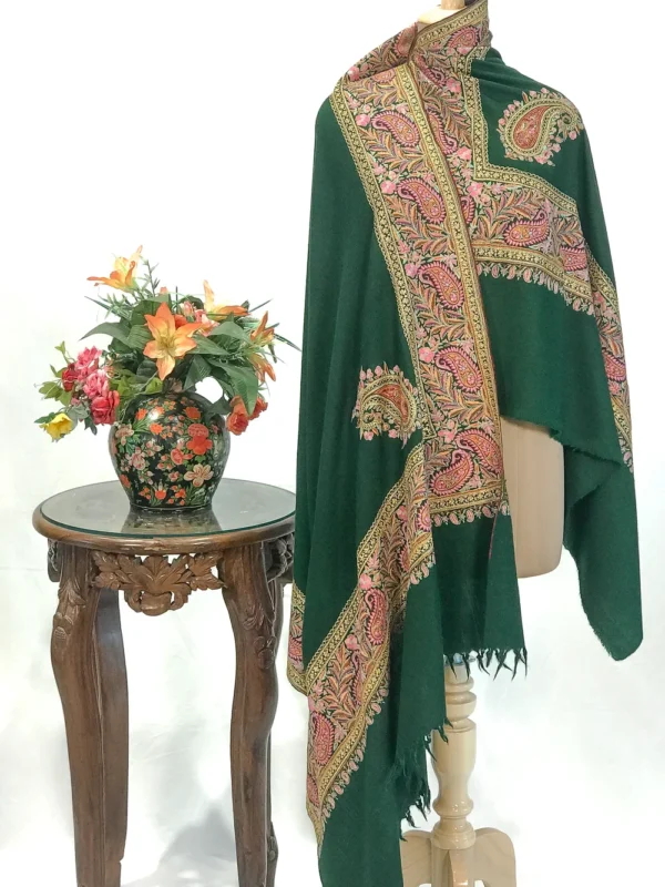 Green Pure Pashmina Shawl With Papier Mache And Tilla Hand Embroidery Fusion