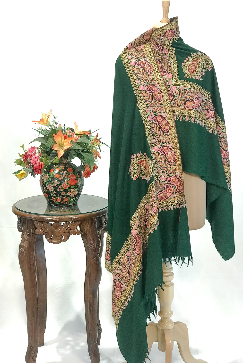 Green Pure Pashmina Shawl With Papier Mache And Tilla Hand Embroidery Fusion Green Pure Pashmina Shawl With Papier Mache And Tilla Hand Embroidery Fusion