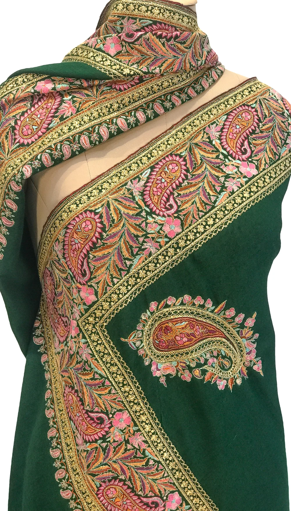 Green Pure Pashmina Shawl With Papier Mache And Tilla Hand Embroidery Fusion Front Green Pure Pashmina Shawl With Papier Mache And Tilla Hand Embroidery Fusion Front