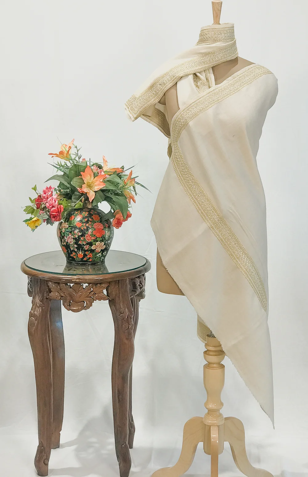 Natural White Pure Pashmina Shawl With Tilla Hand Embroidery