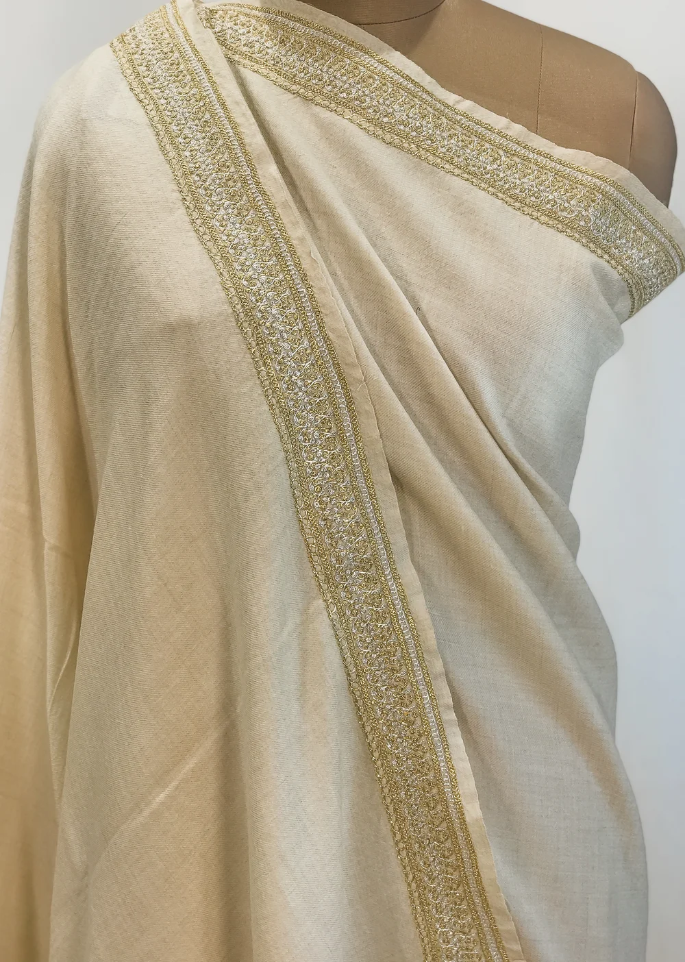 Natural White Pure Pashmina Shawl With Tilla Hand Embroidery Front