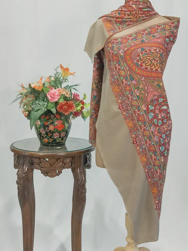 Natural Beige Hand Papier Mache Jamawar Pure Pashmina Shawl